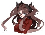  1girl brown_hair fate/stay_night fate_(series) glasses hair_ribbon razavi ribbon simple_background solo toosaka_rin two_side_up white_background 