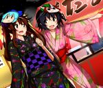  2girls black_hair bow brown_hair character_mask checkered chen chocolate_banana cirno cowboy_shot dutch_angle fang festival floral_print hair_bow himekaidou_hatate japanese_clothes kimono long_hair looking_at_another mask_on_head mid_win_h multiple_girls night night_sky obi open_mouth pointing sash shameimaru_aya short_hair side-by-side sky touhou twintails violet_eyes 