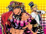  2boys black_hair blue_eyes blue_hair bowtie caesar_anthonio_zeppeli cane cape chachacha00 facial_mark goggles goggles_around_neck green_eyes hat headband joestar_birthmark jojo_no_kimyou_na_bouken joseph_joestar_(young) midriff multiple_boys scarf top_hat 