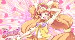  1girl ;d amanogawa_kirara armpits blush cure_twinkle earrings gloves go!_princess_precure highres jewelry long_hair low-tied_long_hair magical_girl multicolored_hair one_eye_closed open_mouth orange_hair pink_eyes pink_hair precure quad_tails smile solo star star_earrings streaked_hair teio twintails two-tone_hair 