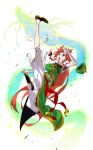  1girl bell blue_eyes braid chinese_clothes dragon electricity hair_ribbon hat hat_removed headwear_removed high_kick hokuto_(scichil) hong_meiling kicking long_hair open_mouth pants redhead ribbon shoes short_sleeves solo star torn_clothes touhou twin_braids 