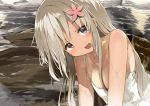  1girl bare_shoulders blonde_hair blue_eyes flower hair_flower hair_ornament kantai_collection long_hair naked_towel onsen ro-500_(kantai_collection) solo towel yuui_hutabakirage 