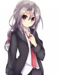  1girl :&lt; amano_kouki black_skirt blazer blush brown_eyes hatsushimo_(kantai_collection) hatsushimo_(kantai_collection)_(cosplay) highres kantai_collection long_hair looking_at_viewer low-tied_long_hair necktie open_blazer open_clothes pleated_skirt red_necktie revision school_uniform silver_hair simple_background skirt solo white_background zuihou_(kantai_collection) 