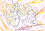  1girl arm_warmers choker color_trace cure_passion dress fresh_precure! frills hair_ornament head_wings heart heart_hair_ornament higashi_setsuna highres long_hair magical_girl open_mouth partially_colored precure ribbon sketch smile solo tiara traditional_media 