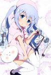  1girl alternate_costume alternate_hairstyle blue_eyes blue_hair blush chestnut_mouth clipboard covering covering_crotch gochuumon_wa_usagi_desuka? hat heart kafuu_chino long_hair looking_at_viewer nurse nurse_cap ogipote pen shoes short_sleeves stethoscope syringe thigh-highs tippy_(gochuumon_wa_usagi_desuka?) triangle_mouth twintails white_legwear 