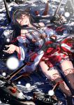  1girl black_hair breasts budget_sarashi burnt_clothes closed_eyes commentary_request cowboy_shot damaged detached_sleeves dutch_angle facing_viewer frilled_skirt frills hair_ornament hairclip haruna_(kantai_collection) headgear highres kantai_collection large_breasts long_hair lying miniskirt nontraditional_miko on_back open_mouth outdoors partially_submerged pleated_skirt ribbon-trimmed_sleeves ribbon_trim sarashi skirt smile solo swordsouls torn_clothes torn_skirt wreckage 