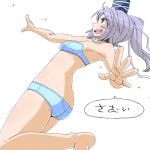  1girl aono3 armpits ass barefoot blue_panties bra from_behind grey_eyes grey_hair hat mononobe_no_futo open_mouth panties ponytail simple_background solo speech_bubble tate_eboshi touhou translated underwear underwear_only white_background 