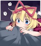  1girl :&lt; ? blonde_hair blue_eyes bow commentary hair_bow hair_ribbon hammer_(sunset_beach) looking_at_viewer lying lying_on_person medicine_melancholy on_stomach ribbon short_hair spoken_question_mark touhou 