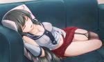  1girl agano_(kantai_collection) black_hair black_legwear blush breasts cleavage closed_eyes collarbone couch garter_straps gloves highres kantai_collection large_breasts long_hair open_mouth pillow school_uniform serafuku single_thighhigh skirt sleeping solo thigh-highs urigarasu white_gloves 