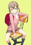  1girl backpack bag blue_eyes brown_hair cardigan chair kneehighs looking_at_viewer navy_blue_legwear office_chair original randoseru school_uniform short_hair short_twintails sitting skirt sleeves_past_wrists smile sody solo twintails 