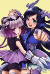  2girls :o ;d ass bare_shoulders bat_wings black_hair blue_dress blue_eyes blush braid cat_hair_ornament china_dress chinese_clothes claws double_bun dragon_girl dragon_horns dress fingerless_gloves gloves hair_ornament haku_(p&amp;d) head_fins holding_hands horns interlocked_fingers karin_(p&amp;d) long_hair multicolored_hair multiple_girls one_eye_closed open_mouth purple_hair puzzle_&amp;_dragons rabuka ribbon simple_background smile sparkle tail tail_ribbon thigh-highs tiger_tail twin_braids two-tone_hair violet_eyes white_hair wings yellow_background 