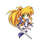  1girl armor blonde_hair boots chibi eyebrows ginga_ojou-sama_densetsu_yuna gloves green_eyes highres kagurazaka_yuna knee_boots kubota_(pixiv) leotard long_hair mecha_musume smile solo sword thick_eyebrows weapon white_background 