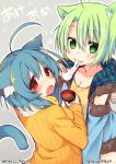  2girls akeome animal_ears blue_hair blush cat_ears cat_tail collaboration dodome-iro_mayonnaise green_eyes green_hair multiple_girls necco_(tefun) new_year open_mouth original red_eyes ribbed_sweater sharon_(dodomayo) short_hair sweater tail tefun twitter_username 