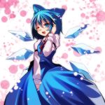 1girl blue_dress blue_eyes blue_hair bow cirno dress fang hair_bow highres ice ice_wings juliet_sleeves long_sleeves one_eye_closed open_mouth puffy_sleeves s-syogo shirt smile solo touhou wings 