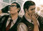  2boys brown_hair cigarette facial_hair glasses gloves joseph_oda multiple_boys sebastian_castellanos stubble the_evil_within ttakuann vest waistcoat 