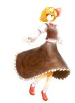 1girl azumaya_toushirou blonde_hair blouse frilled_skirt frills hair_ribbon highres long_skirt outstretched_arms red_eyes ribbon rumia short_hair skirt smile spread_arms touhou vest