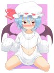  1girl bat_wings blue_hair blush bottomless bow flying_sweatdrops hat hat_bow highres kazawa_(tonzura-d) navel open-chest_sweater overalls oversized_clothes red_eyes remilia_scarlet ribbed_sweater sitting solo sweater touhou wariza wings 