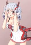  1girl :d adjusting_glasses breasts cleavage glasses hair_ornament highres long_hair looking_at_viewer machinery mecha_musume open_mouth original red_eyes silver_hair smile solo terras twintails 
