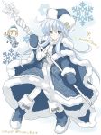  1girl alternate_costume blue_boots blue_eyes blush boots cape christmas coat fairy fairy_(kantai_collection) fur_hat fur_trim gift hammer_and_sickle hat hibiki_(kantai_collection) hizuki_yayoi holding kantai_collection long_hair mittens pantyhose russian russian_clothes silver_hair snowflakes solo staff star translated twitter_username ushanka verniy_(kantai_collection) very_long_hair white_legwear winter_clothes |_| 