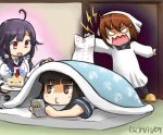  3girls :d ahoge angry brown_hair failure futon game_boy grey_hair hair_flaps hair_ornament hairclip hamu_koutarou hatsuyuki_(kantai_collection) ikazuchi_(kantai_collection) kantai_collection long_hair low_twintails multiple_girls o3o open_mouth playing_games purple_hair red_eyes school_uniform serafuku short_hair smile strawberry_shortcake sweat taigei_(kantai_collection) translation_request twintails under_covers 