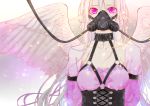 1girl choker corset cross gas_mask long_hair mask red_eyes sennro solo source_request strap white_hair wings 