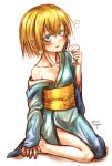  1girl absurdres blonde_hair blue_eyes blush collarbone drunk glass highres japanese_clothes kimono kotoba_noriaki obi off_shoulder original sash short_hair sitting solo wariza 