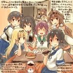  6+girls :d admiral_(kantai_collection) akagi_(kantai_collection) bare_shoulders black_hair blonde_hair brown_eyes brown_hair closed_eyes controller detached_sleeves elbow_gloves food fruit fubuki_(kantai_collection) gloves green_eyes hair_ribbon hakama hamster hat headgear japanese_clothes kaga_(kantai_collection) kantai_collection kirisawa_juuzou kongou_(kantai_collection) kotatsu long_hair mandarin_orange multiple_girls muneate mutsuki_(kantai_collection) nagato_(kantai_collection) nontraditional_miko open_mouth peaked_cap pleated_skirt remote_control ribbon school_uniform serafuku short_hair short_ponytail short_sidetail skirt smile table thigh-highs translation_request twitter_username yamato_(kantai_collection) yuudachi_(kantai_collection) 