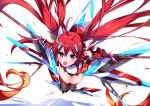  1girl :o black_legwear dual_wielding genderswap gloves gradient_hair hair_ornament highres leotard long_hair looking_at_viewer mecha_musume minamon_(vittel221) mitsuka_souji multicolored_hair open_mouth ore_twintail_ni_narimasu red_eyes redhead serious simple_background solo sword tail_red thigh-highs twintails very_long_hair weapon white_background 