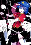  1girl blue_eyes blue_hair hat hitodama ideolo jiangshi looking_at_viewer miyako_yoshika ofuda open_mouth outstretched_arms ribbon scan shirt short_hair short_sleeves skirt solo star touhou turtleneck vest wide_sleeves wrist_cuffs zombie_pose 