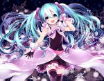  1girl aqua_eyes aqua_hair floating_hair gloves hatsune_miku head_tilt long_hair looking_at_viewer musical_note open_mouth skirt snowflakes solo thigh-highs twintails very_long_hair vocaloid 