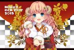  1girl 2015 :d black_gloves blue_eyes gloves hair_ornament happy_new_year horns ichinose_(sorario) japanese_clothes letterboxed long_hair looking_at_viewer new_year open_mouth original pink_hair sheep sheep_horns smile solo 