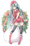  1girl boots braid christmas dress fur_boots hamuta0702 hat hatsune_miku holly knee_boots long_hair one_eye_closed pigeon-toed red_boots sack santa_boots santa_hat smile solo twin_braids twintails vocaloid white_background wreath 