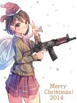 1girl blue_eyes brown_hair cardigan daito gun merry_christmas mini_santa_hat original ots-12 rifle sack school_uniform skirt solo sweater v weapon 