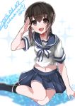  1girl brown_eyes brown_hair fubuki_(kantai_collection) highres kantai_collection pleated_skirt salute school_uniform serafuku short_hair sitting skirt takeshima_(nia) yokozuwari 