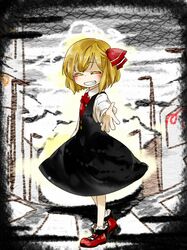  1girl ^_^ blonde_hair closed_eyes foreshortening grin hair_ribbon kinnkonnsousai ribbon rumia shirt short_hair skirt smile solo touhou vest 