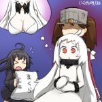  &gt;_&lt; 3girls ahoge black_hair breasts brown_hair cleavage dress hamu_koutarou horns japanese_clothes kantai_collection kariginu long_hair midway_hime mikazuki_(kantai_collection) mittens multiple_girls northern_ocean_hime red_eyes ryuujou_(kantai_collection) school_uniform serafuku shinkaisei-kan sitting sitting_on_person sketch smile translation_request twintails visor_cap white_dress white_hair white_skin 