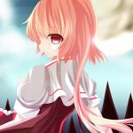  1girl alternate_hair_color dei_(dirmu) flandre_scarlet from_behind looking_at_viewer no_hat pink_hair red_eyes short_hair_with_long_locks side_ponytail sitting solo touhou 
