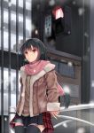  1girl :o black_hair black_legwear black_skirt brown_eyes highres jacket karakura long_hair looking_at_viewer original outdoors pink_scarf scarf skirt snow solo thigh-highs traffic_light winter zettai_ryouiki 