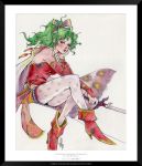  1girl ankle_boots blue_eyes boots breasts cape chin_rest commentary detached_sleeves earrings final_fantasy final_fantasy_vi green_hair highres jewelry lips lipstick long_hair makeup photo pointy_shoes polka_dot polka_dot_legwear ponytail sitting solo sword tholia tina_branford weapon 