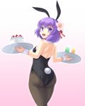  1girl alternate_costume animal_ears ass bare_shoulders black_legwear blush bunny_girl bunny_tail bunnysuit cake cup detached_collar fishnet_pantyhose fishnets flower food gomi_(gomitin) hair_flower hair_ornament hieda_no_akyuu looking_at_viewer looking_back pantyhose rabbit_ears short_hair smile solo tail touhou tray wrist_cuffs 