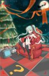  1girl aqua_eyes aqua_hair black_boots black_legwear boots checkered checkered_floor christmas christmas_tree detached_sleeves full_moon gift guaikalong hatsune_miku headphones headphones_around_neck long_hair looking_at_viewer moon navel necktie night open_mouth outstretched_arms recording santa_costume sitting skirt solo spread_arms tattoo thigh-highs thigh_boots twintails very_long_hair viewfinder vocaloid 