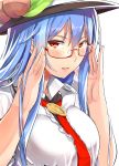  1girl bespectacled blue_hair blush breasts bust collared_shirt cropped food fruit glasses hat hinanawi_tenshi large_breasts light_smile long_hair looking_at_viewer neck_ribbon neropaso parted_lips peach red-framed_glasses red_eyes ribbon semi-rimless_glasses short_sleeves simple_background solo touhou tsurime under-rim_glasses white_background 