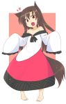  1girl :d animal_ears barefoot brown_eyes brown_hair dress flat_chest frilled_sleeves frills highres imaizumi_kagerou kazawa_(tonzura-d) long_hair off_shoulder open_mouth oversized_clothes smile tail touhou wolf_ears wolf_tail 