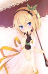  1girl blonde_hair blue_eyes bow collarbone dress edna_(tales) finger_to_mouth hair_bow highres parasol pi-pie side_ponytail single_glove solo tales_of_(series) tales_of_zestiria umbrella 