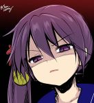  1girl akebono_(kantai_collection) bell black_background disgust face hair_bell hair_ornament half-closed_eyes kantai_collection purple_hair red_background sen_(astronomy) shaded_face side_ponytail twitter_username two-tone_background violet_eyes 