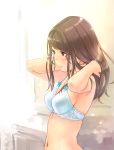  1girl adjusting_hair blush bra breasts brown_eyes brown_hair carina_(xiaowoo) long_hair navel original sideboob solo underwear 