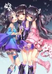  3girls bare_shoulders black_hair blue_eyes blush boots bracelet brown_eyes character_request detached_sleeves dress flower highres jewelry long_hair long_sleeves looking_at_viewer multiple_girls nicohi open_mouth smile violet_eyes 