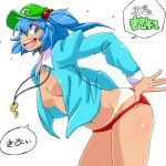  1girl aono3 bare_legs blue_eyes blue_hair cowboy_shot hair_bobbles hair_ornament hat kawashiro_nitori key midriff navel no_pants open_clothes open_mouth open_shirt panties panty_pull profile reitaisai short_hair smile solo speech_bubble tan tanline touhou twintails underwear white_background 