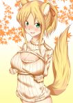  1girl animal_ears blonde_hair blush bottomless breast_hold breasts cleavage cleavage_cutout dog_days fox_ears fox_tail green_eyes heart heart-shaped_pupils highres large_breasts leaf long_hair looking_at_viewer open-chest_sweater open_mouth ponytail solo sweater symbol-shaped_pupils tail yukikaze_panettone 