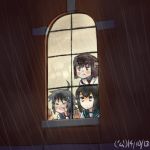  &gt;_&lt; 3girls :d against_glass ahoge black_hair blush brown_eyes brown_hair dated fang hamu_koutarou hyuuga_(kantai_collection) isonami_(kantai_collection) kako_(kantai_collection) kantai_collection multiple_girls open_mouth pout rain short_hair smile window 